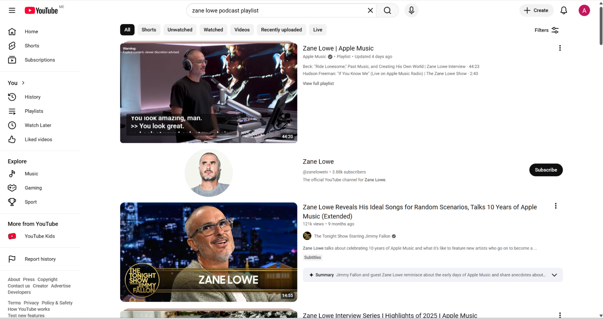 YouTube results for the Zane Lowe podcast search