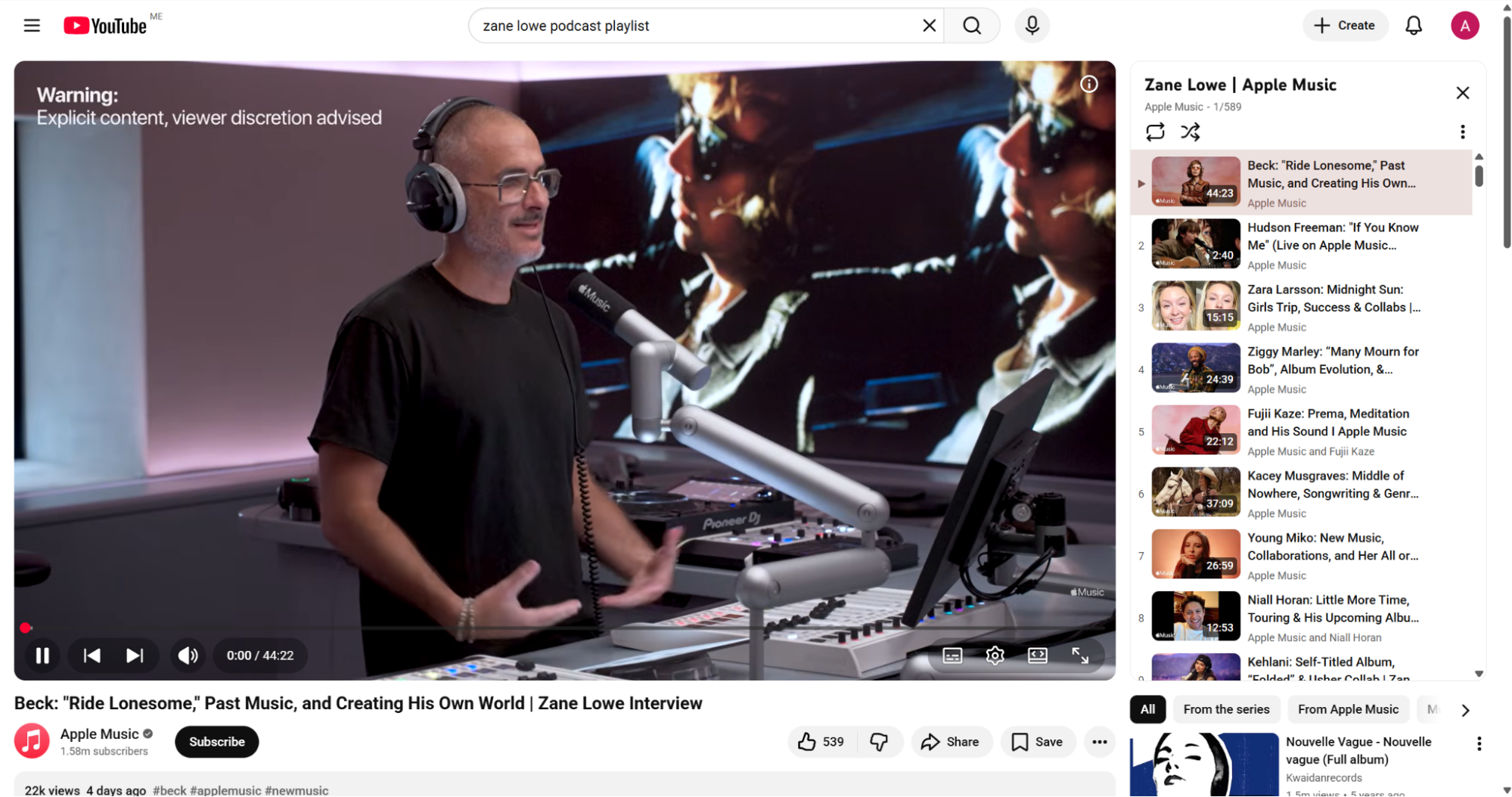 Playing a Zane Lowe podcast episode on YouTube