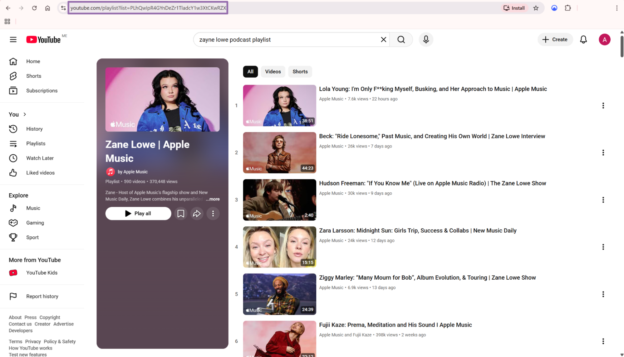 Zane Lowe podcast playlist with its URL highlighted