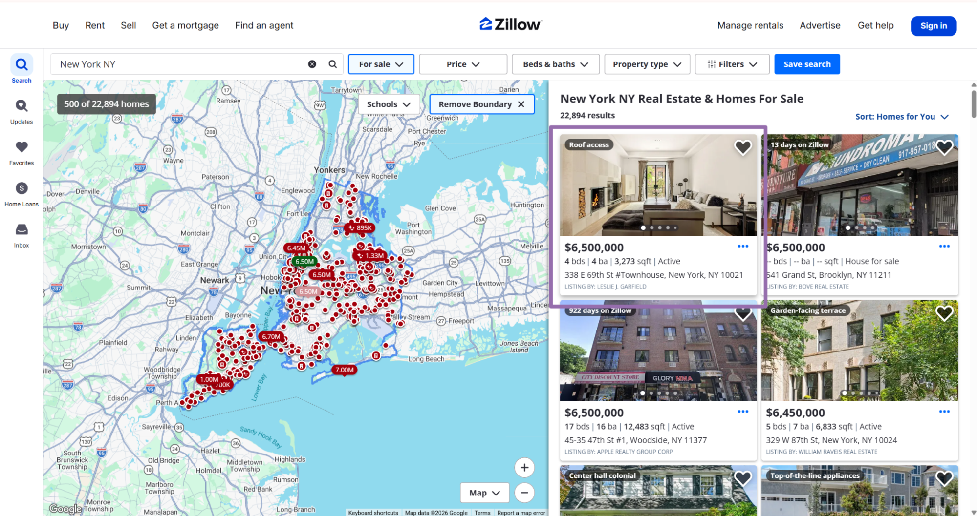 Zillow New York homes for sale map beside property listing cards