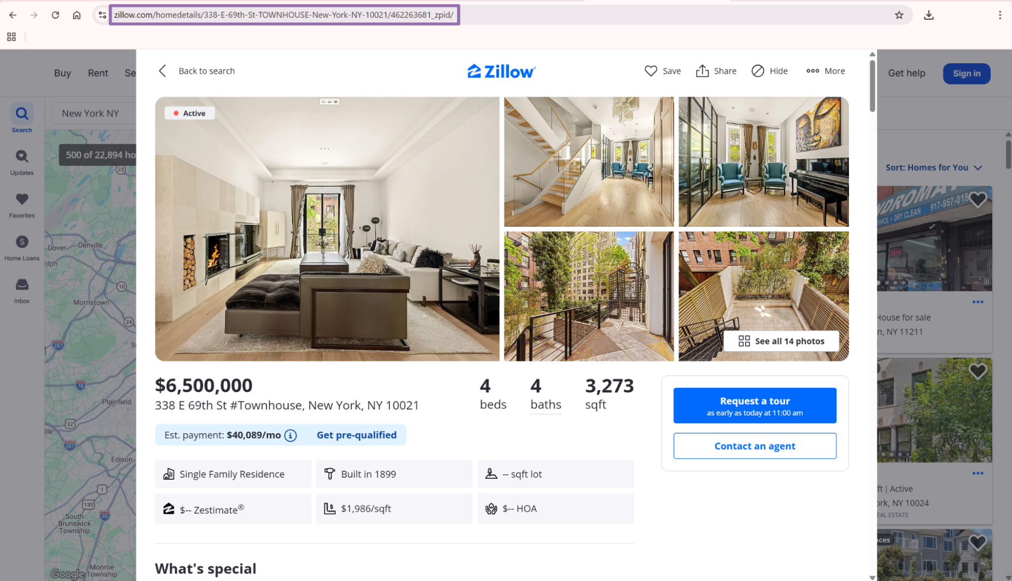 Zillow 338 E 69th St townhouse page URL highlighted