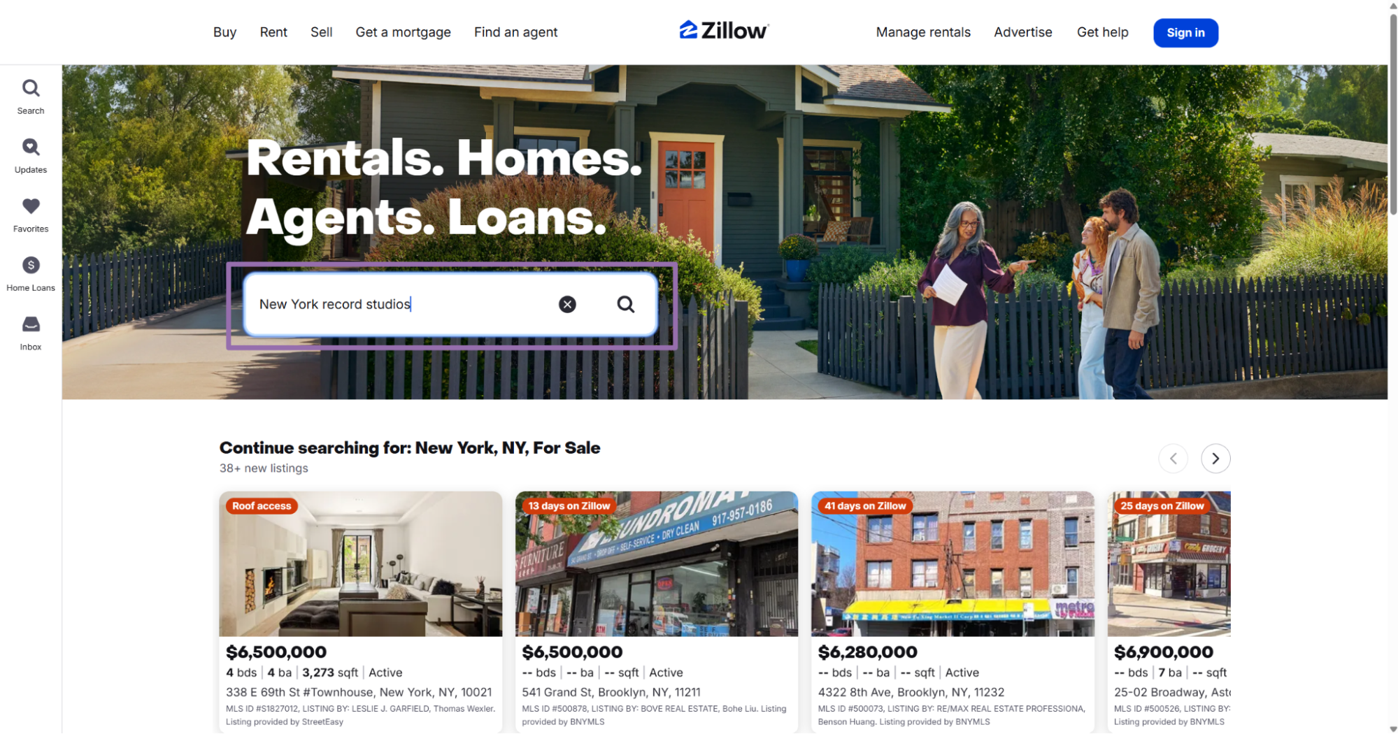 Zillow homepage searching New York record studios with continue searching listings