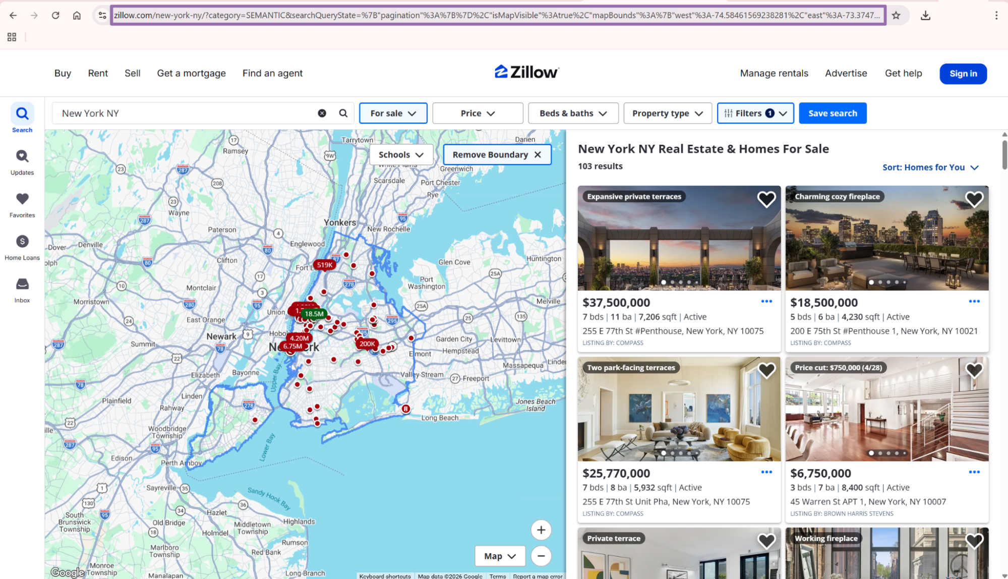 Zillow filtered New York results with search URL highlighted