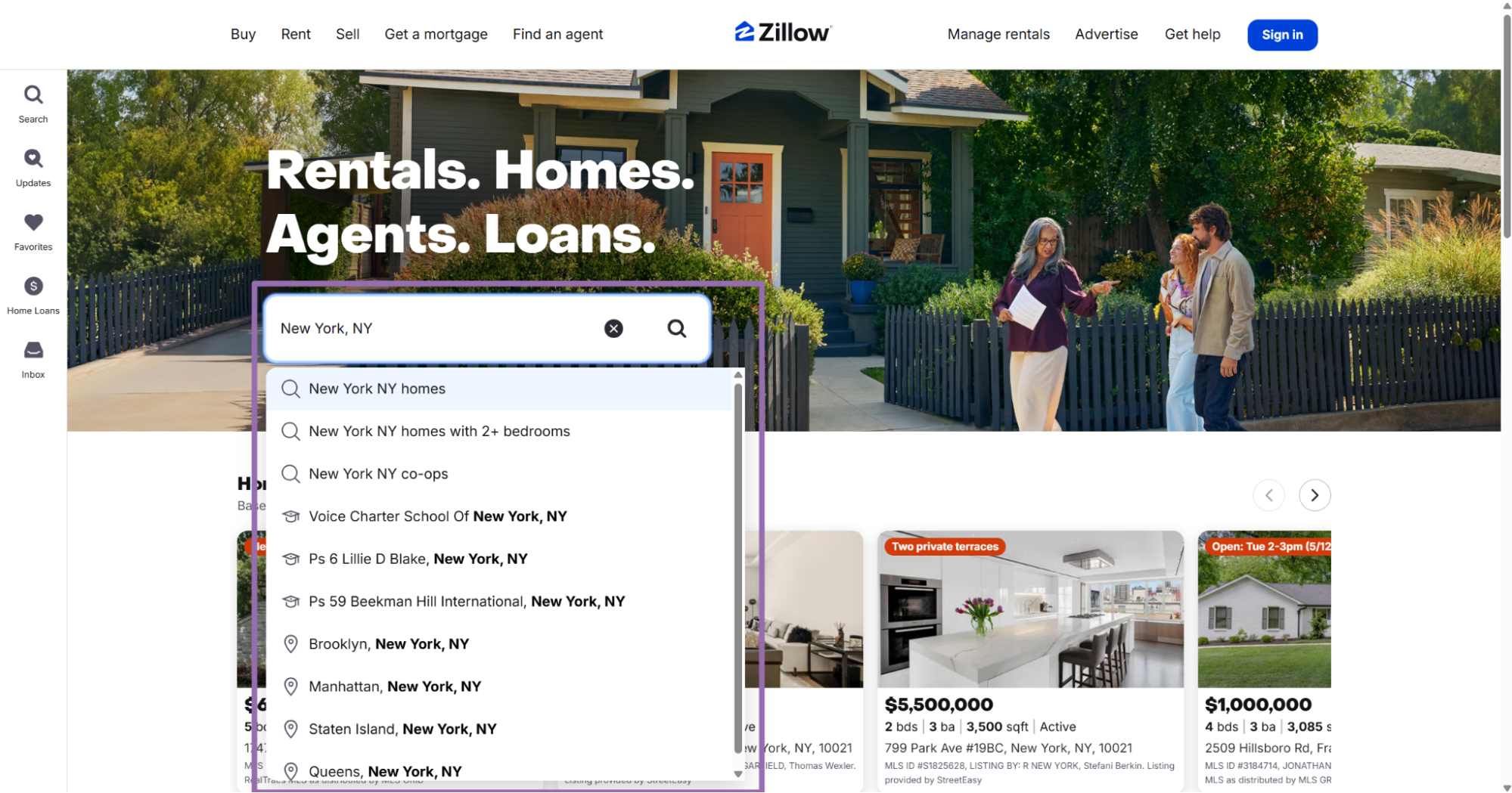 Zillow homepage search box with New York, NY location autocomplete suggestions