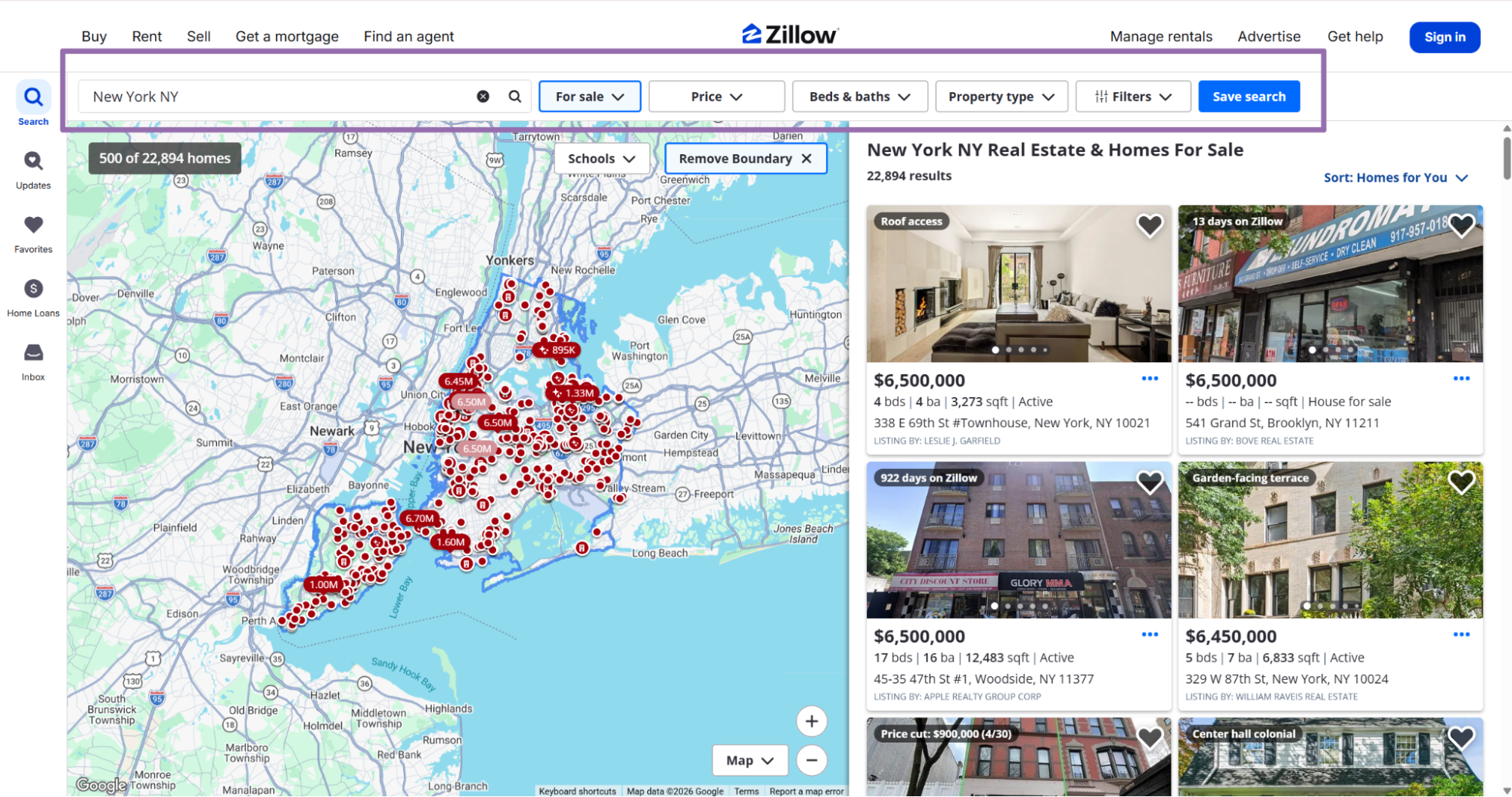 Zillow New York NY for-sale map showing 22,894 homes